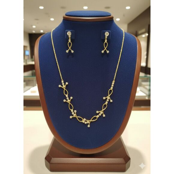 Gold Tone Crystal Bowknot Loop Necklace Earrings Jewelry Set - Picture 1 of 4